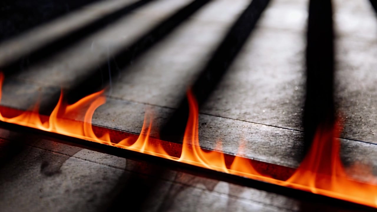 Gas strömt durch den Brennerspalt, orangefarbene Flammen tanzen über den Fliesenboden, mit Rostschatten.