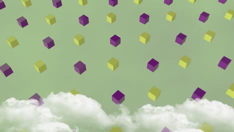 animation of clouds over rotating cubes in green space