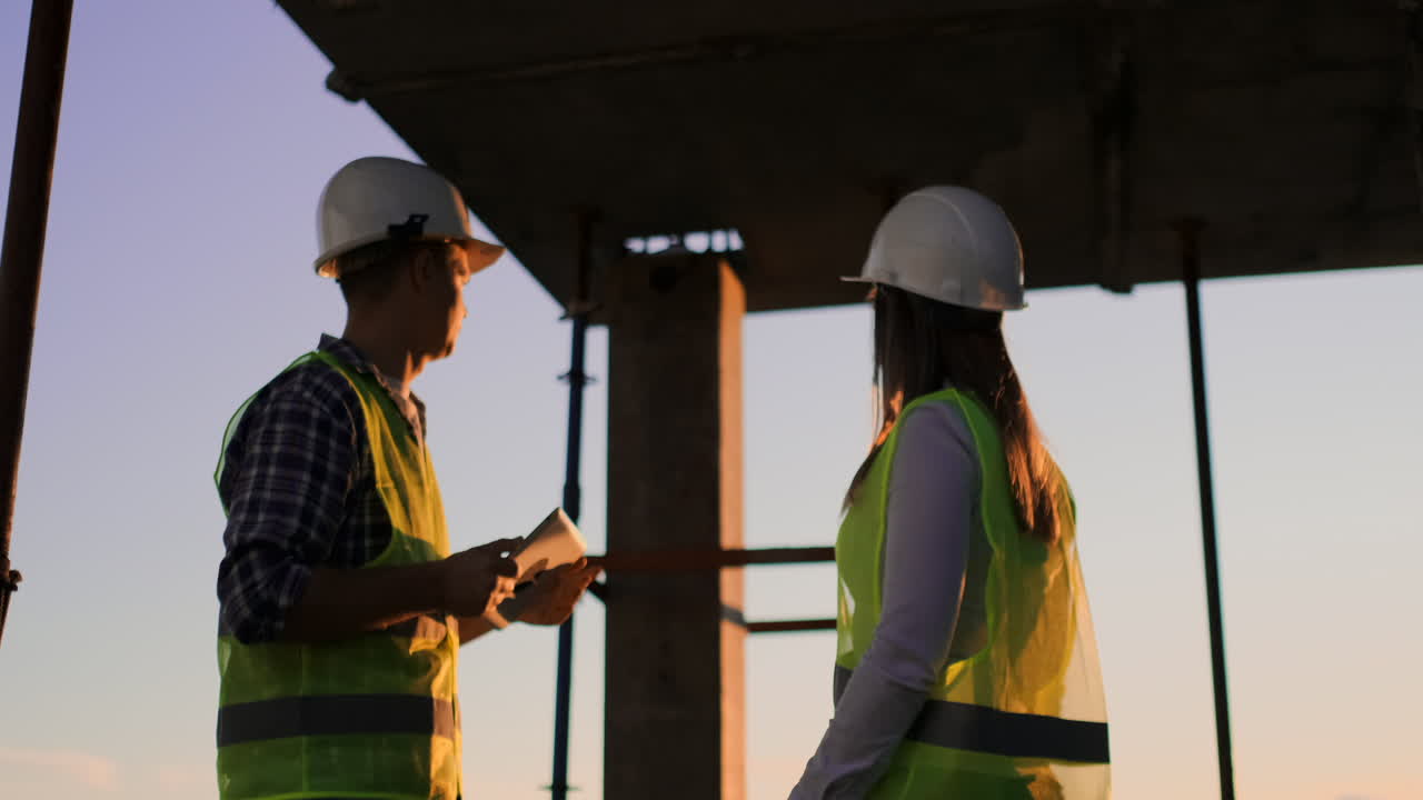 hombre constructor con una tableta y una mujer inspector en cascos blancos estrechan la mano al atardecer de pie en el techo del edificio. símbolo de acuerdo de trabajo exitoso