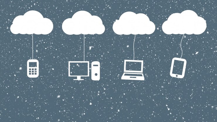 Connected devices to cloud, cloud computing animation over falling snow background