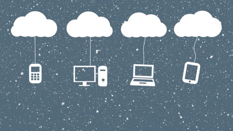 dispositivos conectados a la nube, animación de computación en la nube sobre el fondo de nieve que cae