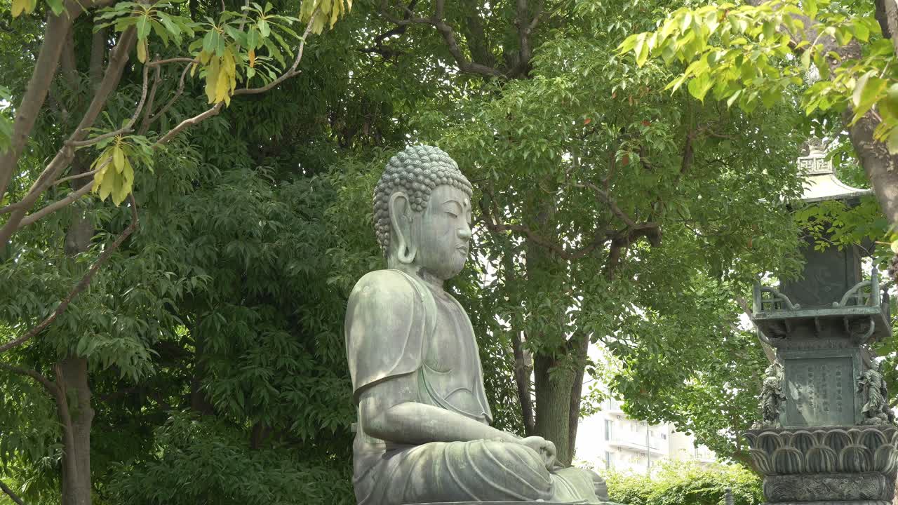 Buddha Statue At Senso-ji Temple Garden In Asakusa, Tokyo, Japan. - wide shot