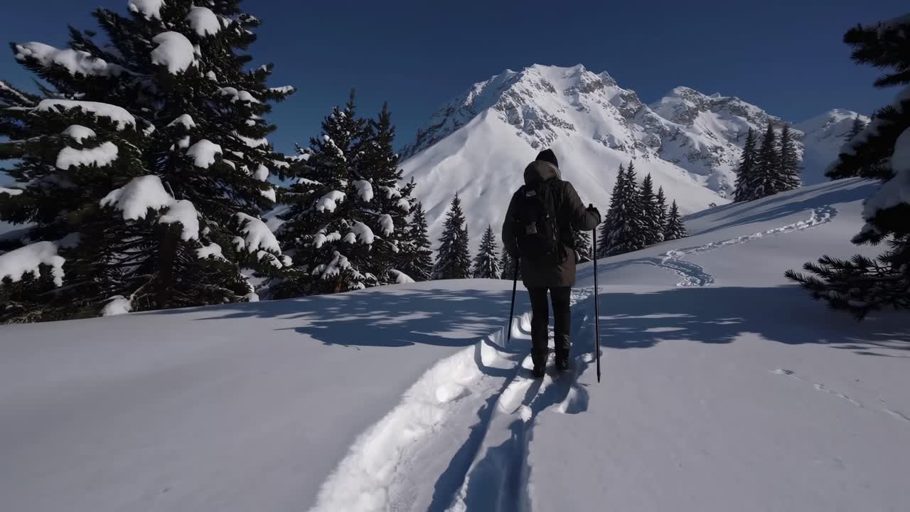 Un video grandangolare cattura un escursionista che cammina attraverso un paesaggio innevato, circondato da [paesaggio innevato]