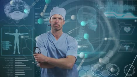 Digital-compote-video-of-portrait-of-male-caucasian-surgeon-against-medical-digital-interface-in-bac