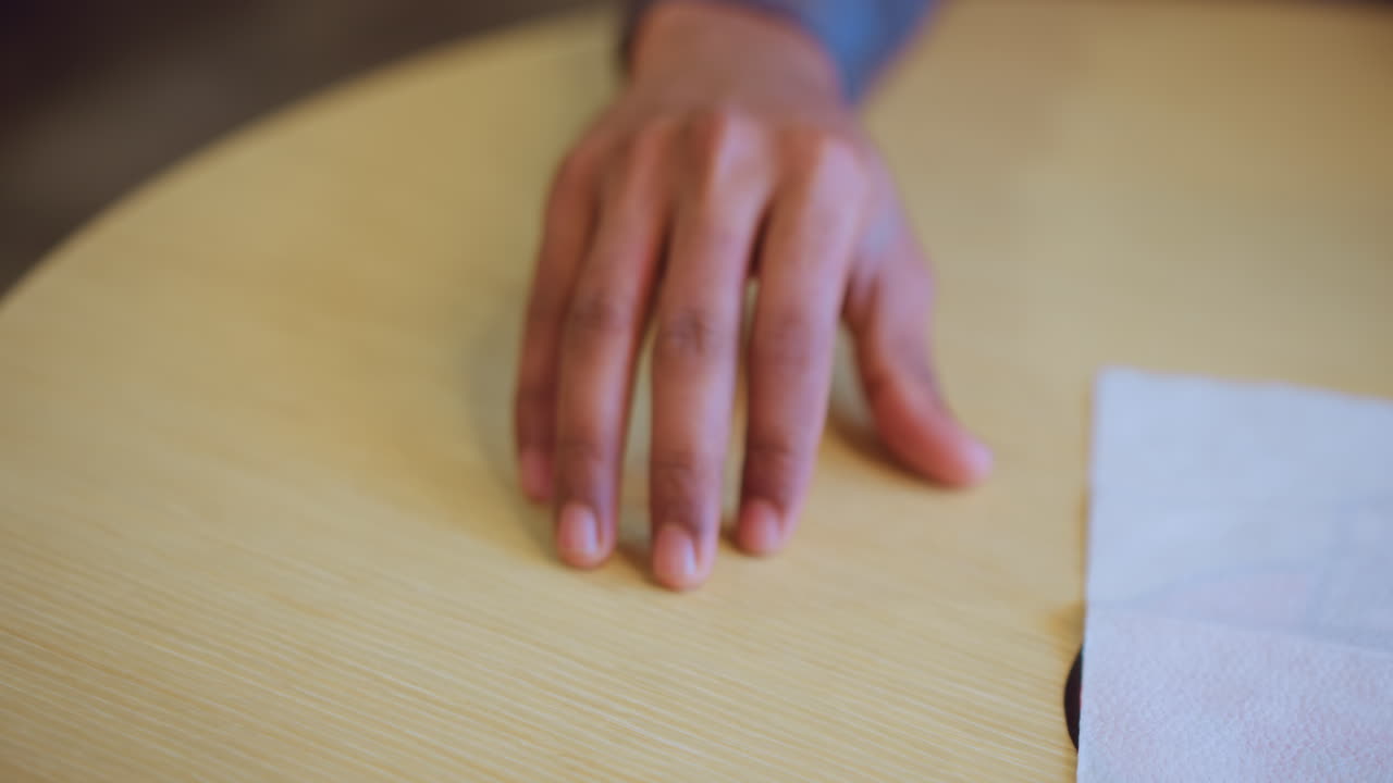 Close-up of young man's hand gently extended over wooden table near napkin, fingers slightly curved in natural gesture, evoking quiet presence, stillness, and subtle anticipation in calm indoor environment