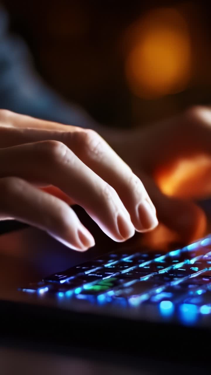 A Close-Up View of a Person's Hand Typing on a Backlit Keyboard Creating an Engaging Digital Experience in a Dark, Atmospheric Setting
