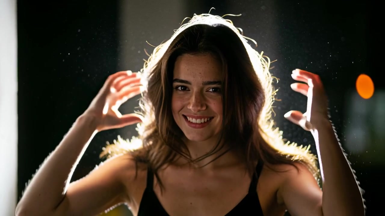 Raising hands woman lifting long hair at studio, wearing black tank top, backlight creating halo