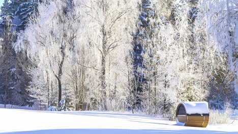 Pequeña-Sauna-De-Madera-En-Un-Paisaje-De-Bosque-Blanco-De-Invierno,-Vista-De-Lapso-De-Tiempo