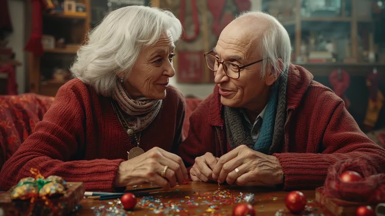 Spotting confetti couple sorting and assembling clear baubles for festive decor at wooden worktable