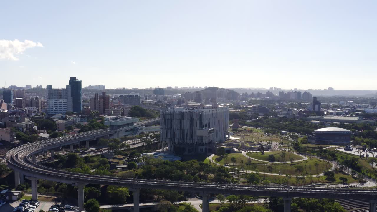 4K aerial footage zoom out featuring the Art Museum area and its surrounding riverside park. with modern architecture, landscaped, and an urban skyline beyond. for sustainable green development