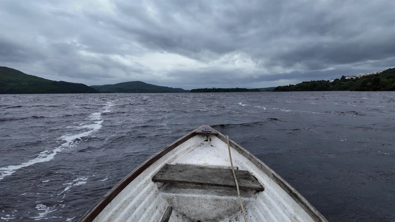 Front of Boat View, rough Lake Crossing Under Dramatic Cloudy Sky