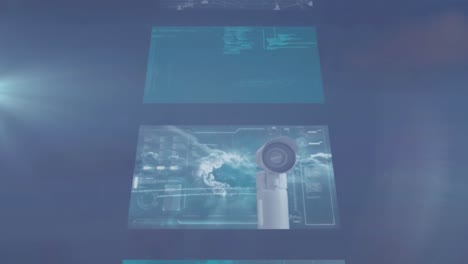 Digitale-Animation-Mehrerer-Bildschirme-Mit-Datenverarbeitung-Vor-Lichtfleck-Auf-Blauem-Hintergrund