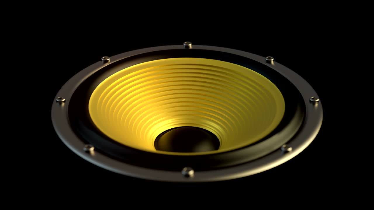 Isolated audio speaker with yellow membrane playing looped modern music