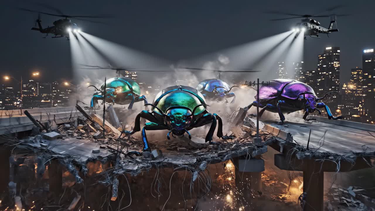 Giant Iridescent Beetles Invade a Destroyed City at Night with Helicopters