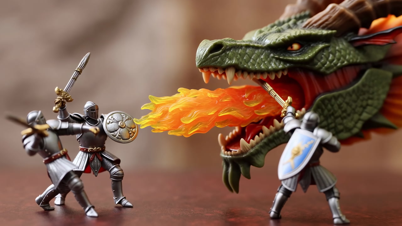 Toy Knights Battle Dragon Breathing Fire Cinematic Tabletop Diorama Showing Miniature Figurine Knights