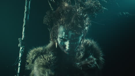 a creepy witch rises her head during the night storm