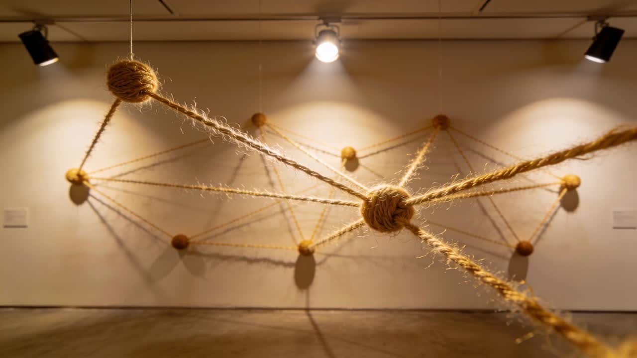 Dolly starting, camera moving forward through gallery rope wall revealing center knot, anchors