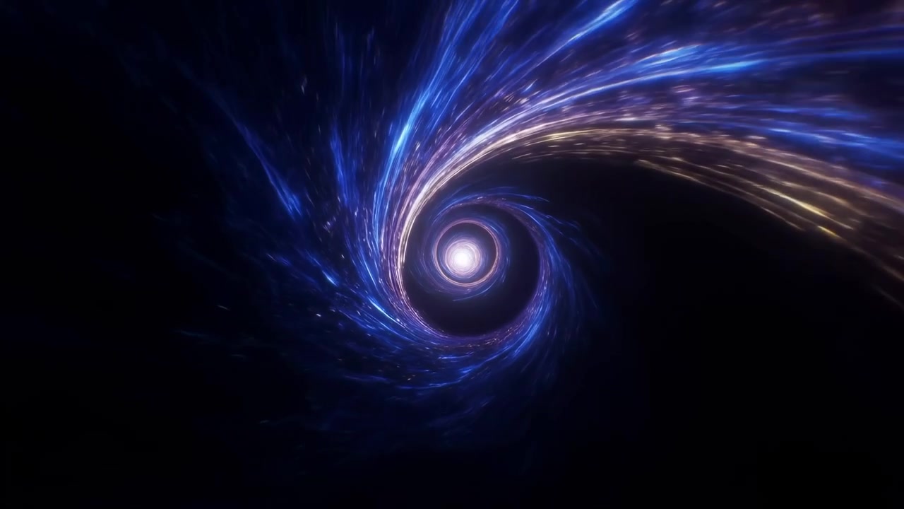 Abstract luminous vortex curling inward with blue and violet light streaks, creating a dynamic sense of depth, motion, and futuristic energy against a black background