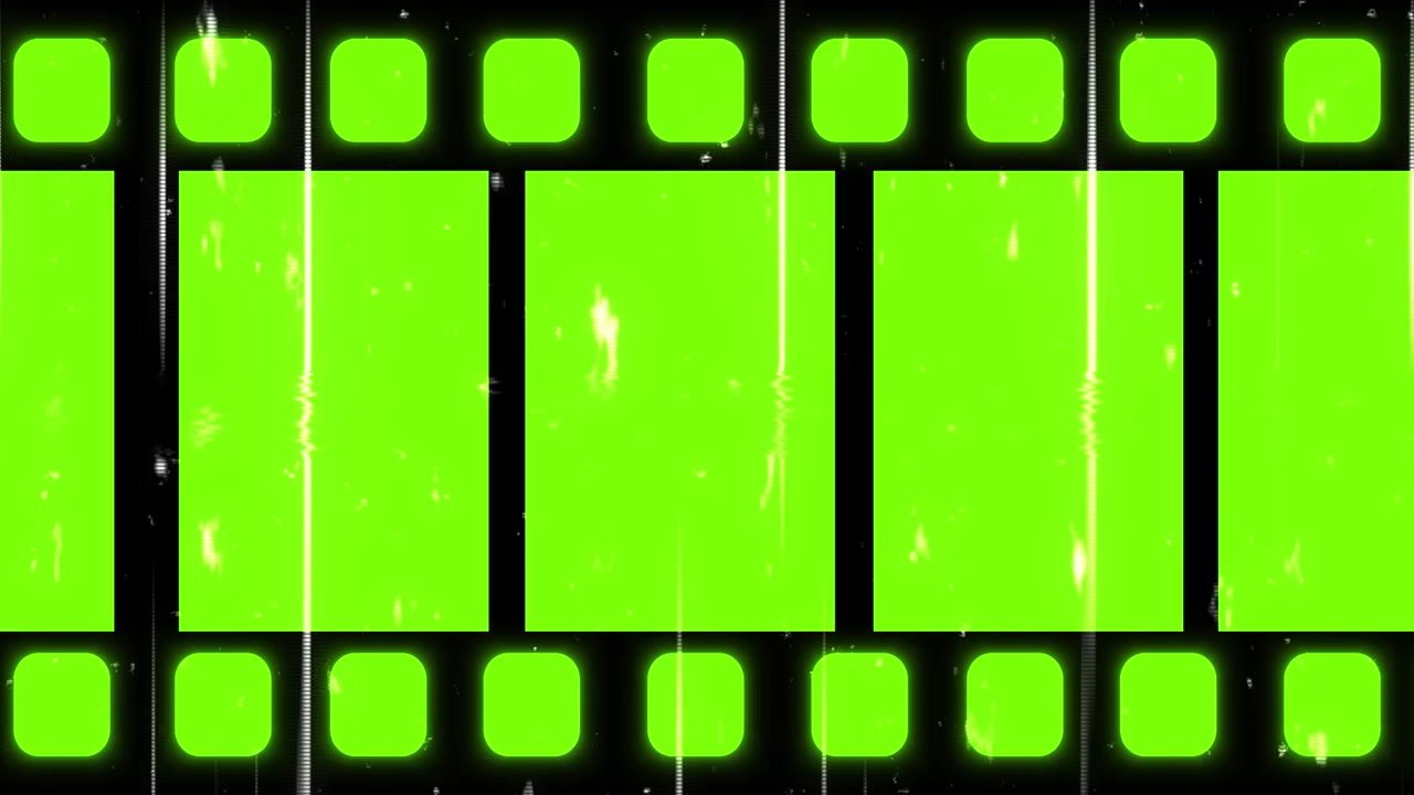 Vihreä chroma-filmitausta, kirkkaat kehykset, mustat kelan reunat, grunge-naarmut ja muokattavissa.