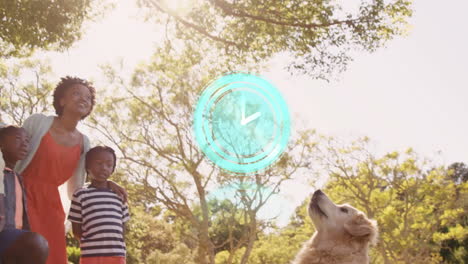 animation of clock moving fast over happy family in autumn park