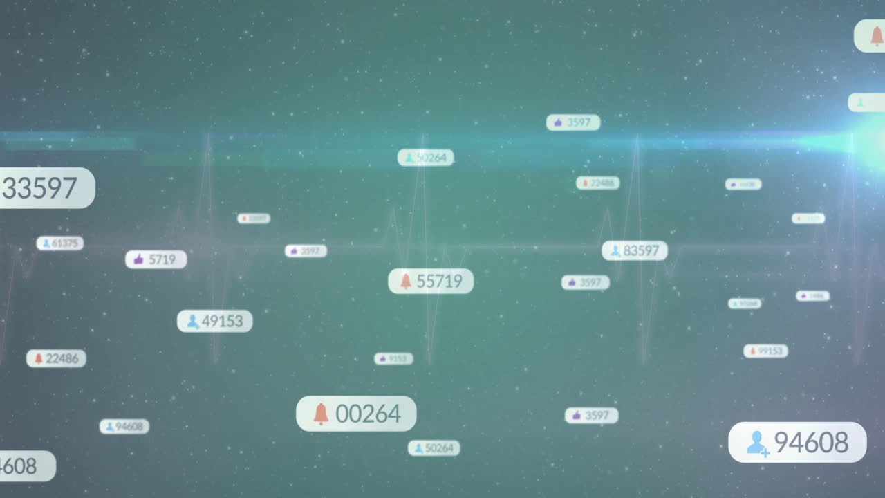 Animation of data points and notifications floating over digital network background