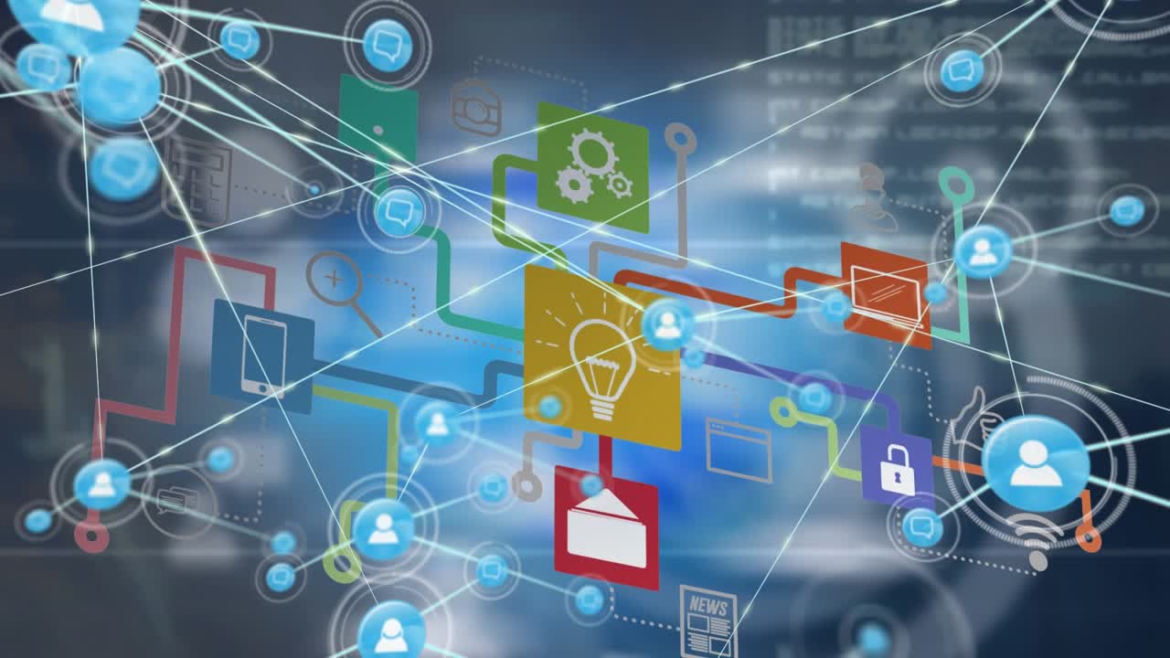 Animation of network of digital icons and data processing against blue background
