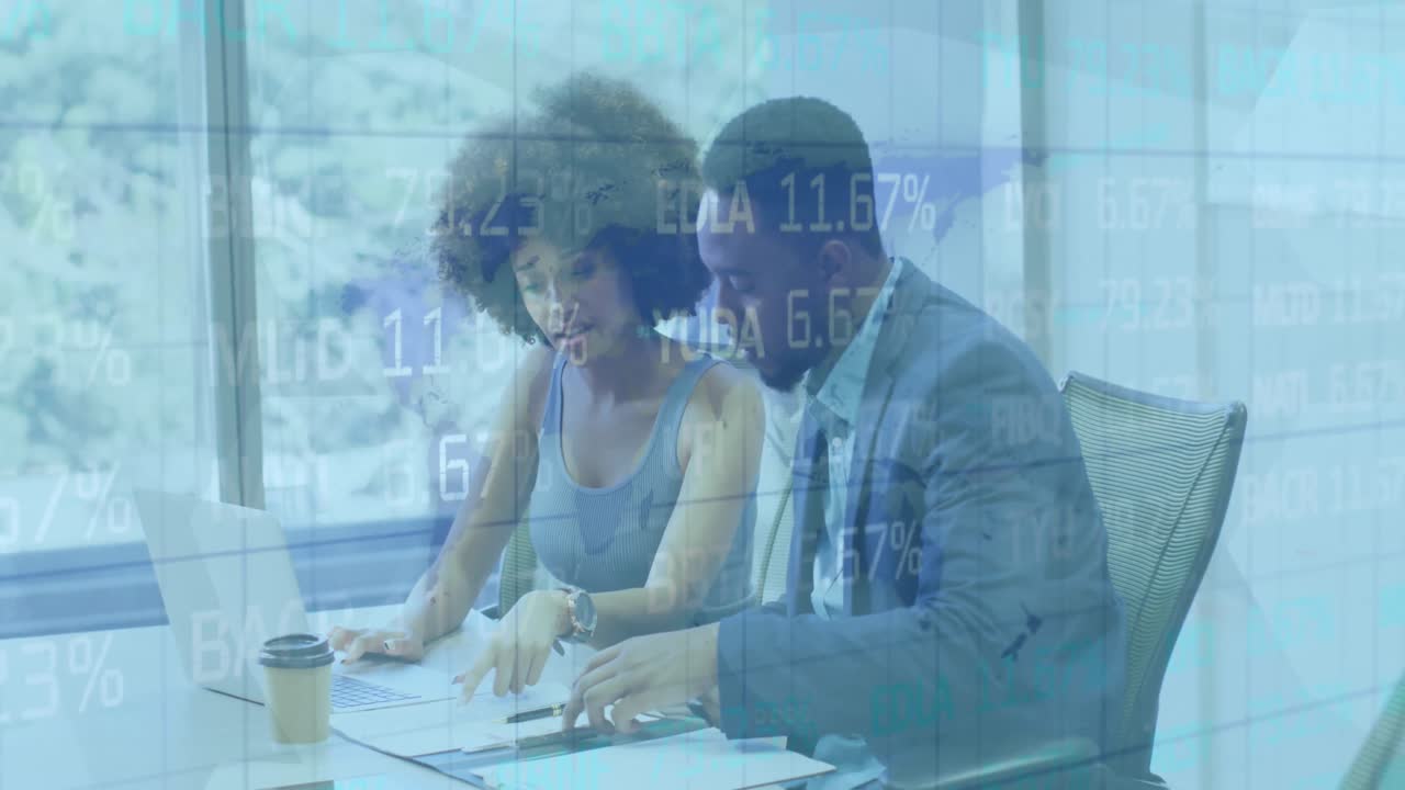 Animation of financial data processing over diverse business people in office