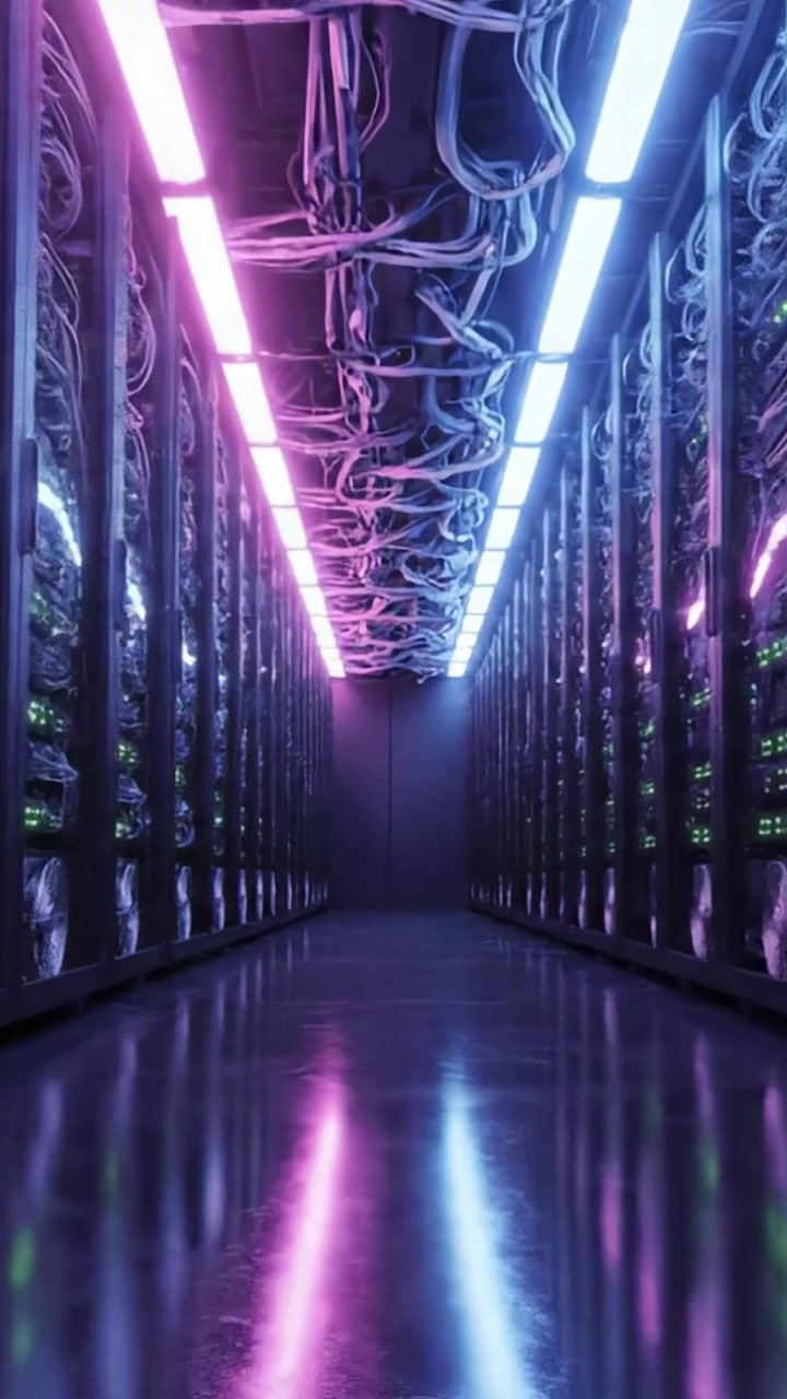 A Stunning View of a High-Tech Data Center Featuring Rows of Server Racks Illuminated by Vibrant Pink and Blue Lighting, Creating a Futuristic Atmosphere
