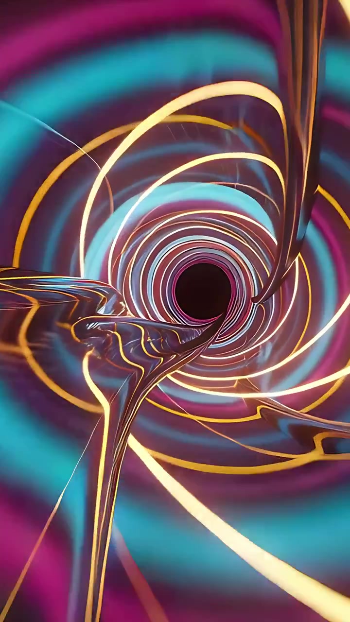 Video verticale: Telecamera d'ingresso che si muove in un vuoto nero all'interno di un tubo con nastri, anelli al neon e strisce per un viaggio.