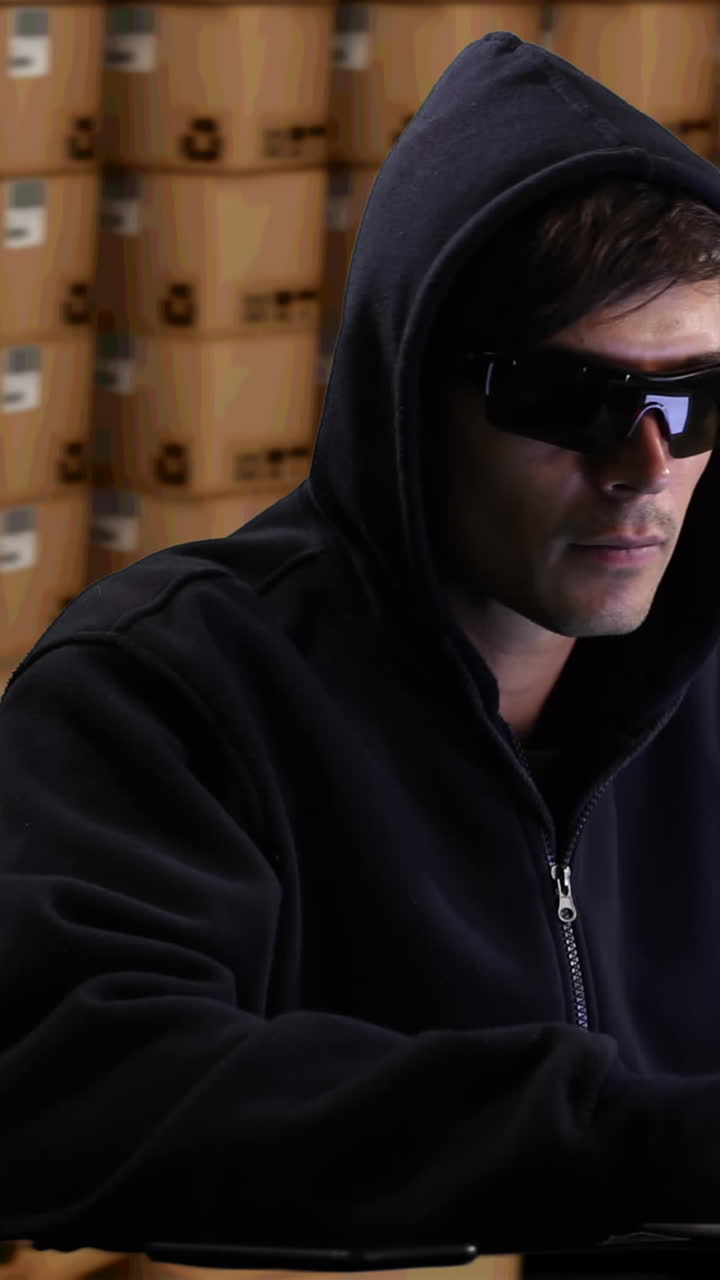 animación de un hacker usando una computadora portátil con pilas de cajas en un almacén