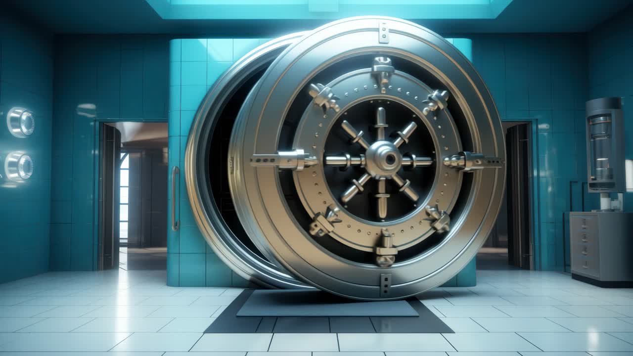 A cinematic front-facing shot of a large, secure bank vault door