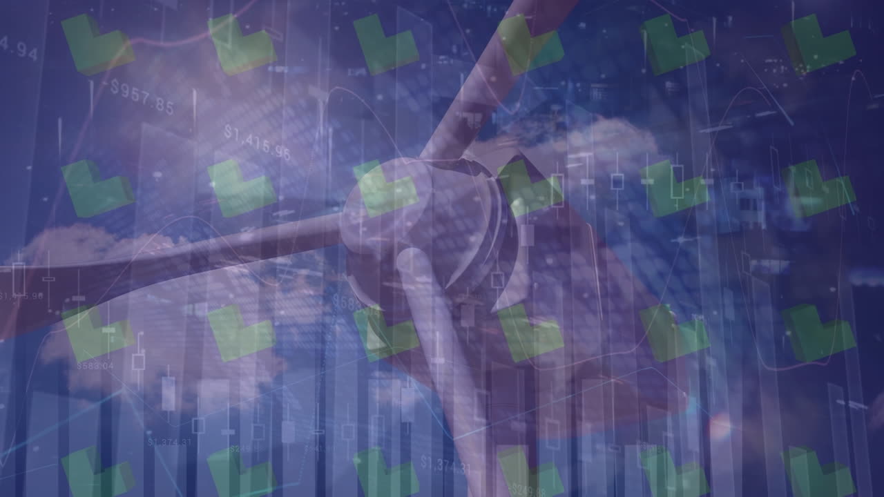 animación del procesamiento de datos e íconos sobre la turbina eólica