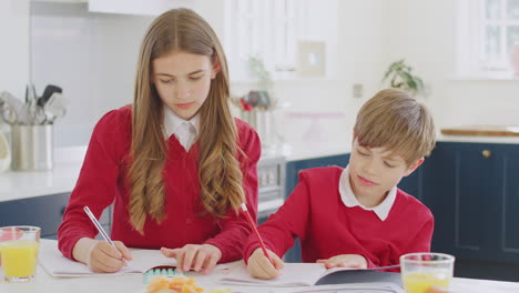 adolescente con uniforme escolar ayudando a su hermano a hacer la tarea en el mostrador de la cocina