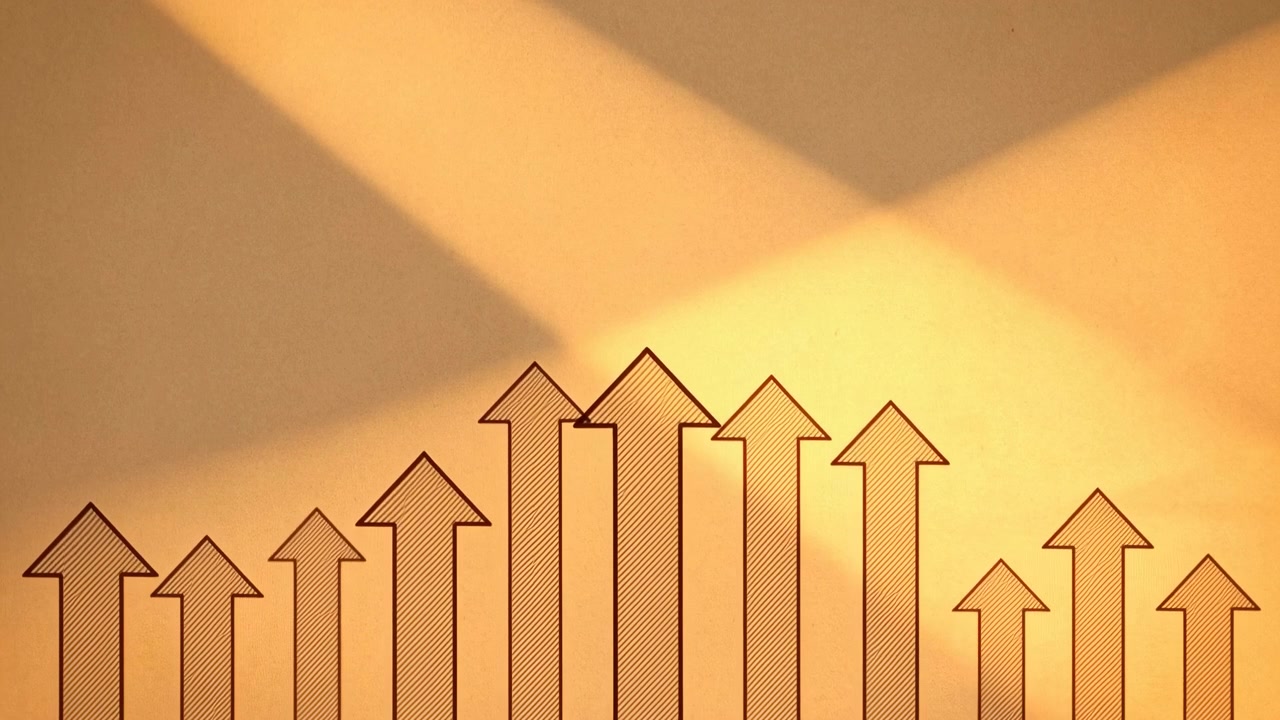 Abstract warm gradient backdrop with intersecting spotlight beams and a row of upward hand-drawn arrows along the bottom, creating a sense of growth, direction