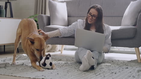 mujer joven trabajando al lado del perro