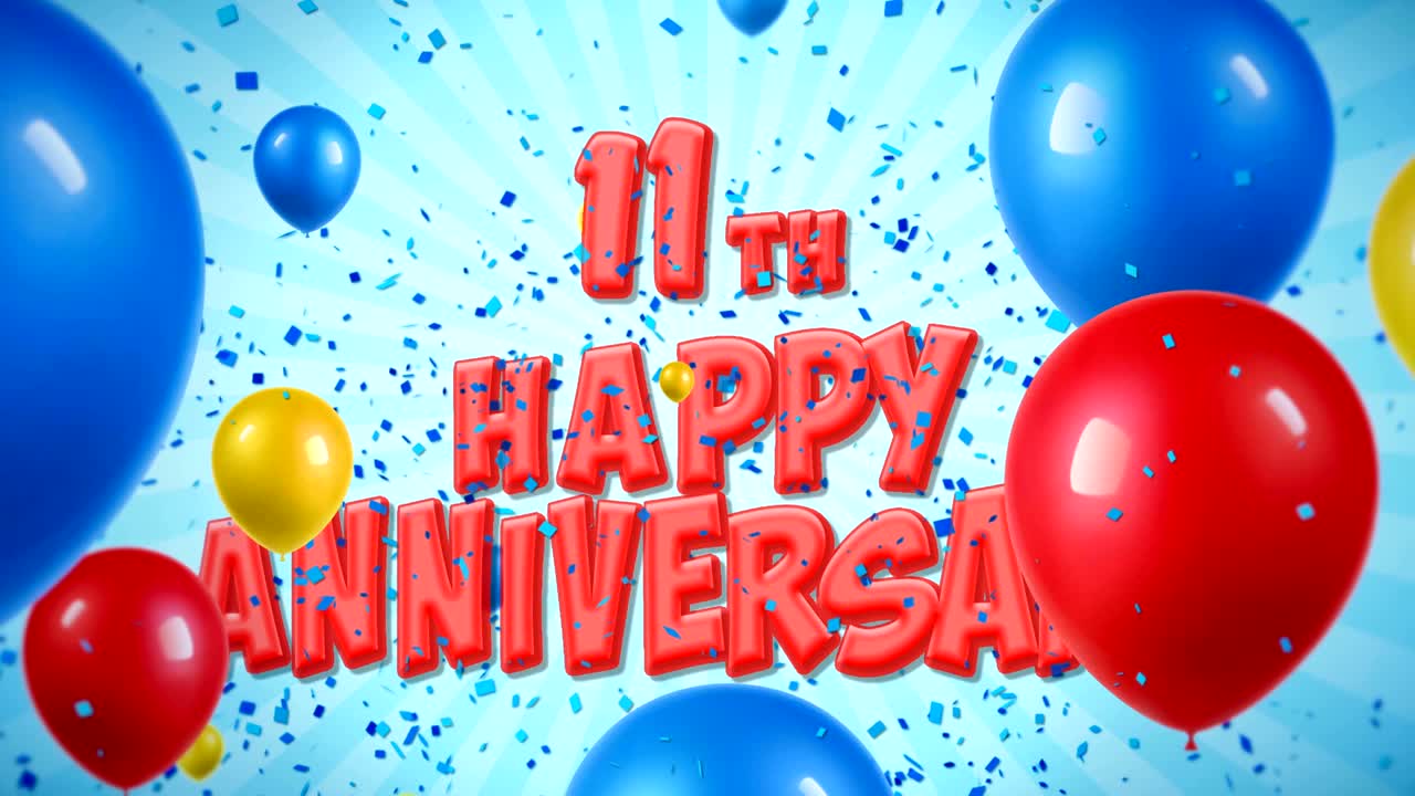 11주년 축하 은 텍스트는 콘페티 팝퍼 폭발, 떨어지는 반이는 입자, 다채로운 날아다니는 풍선, 소원, 인사, 파티, 초대, 카드에 대한 원활한 루프 애니메이션에 나타납니다.