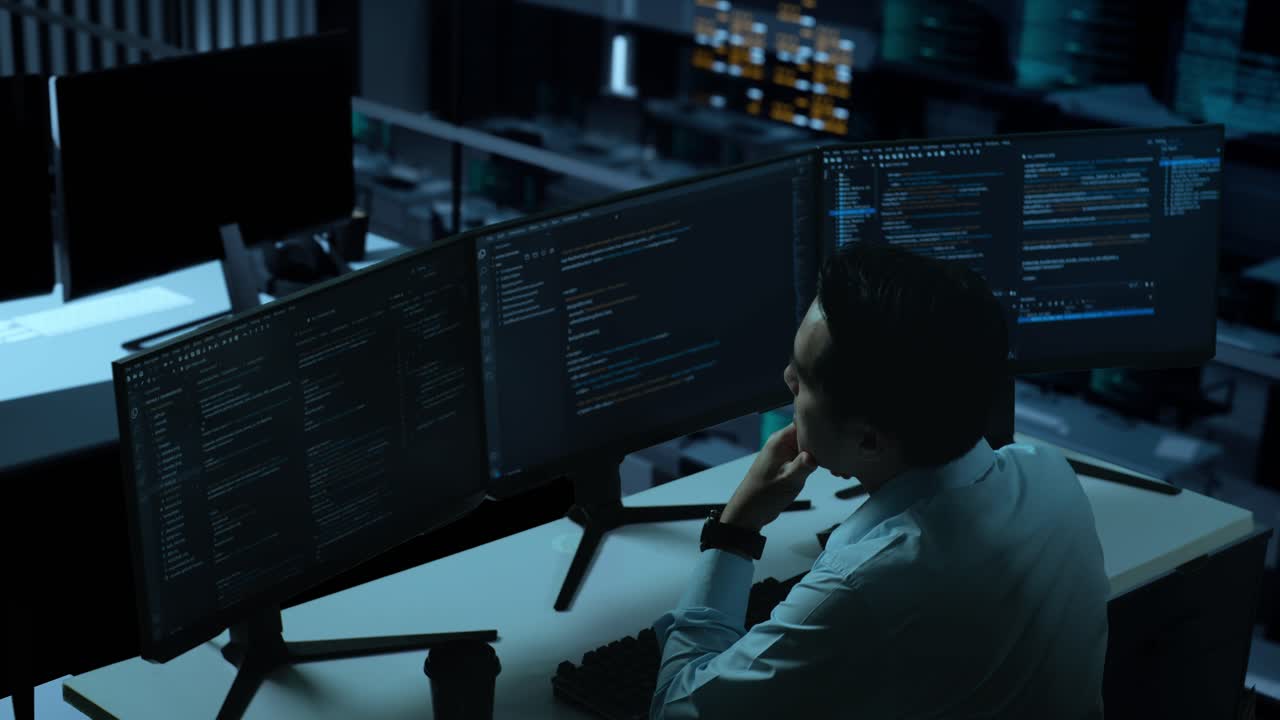Side View Of Asian Man Developer Thinking About Something While Write Code With Multiple Computer Screens In The Office