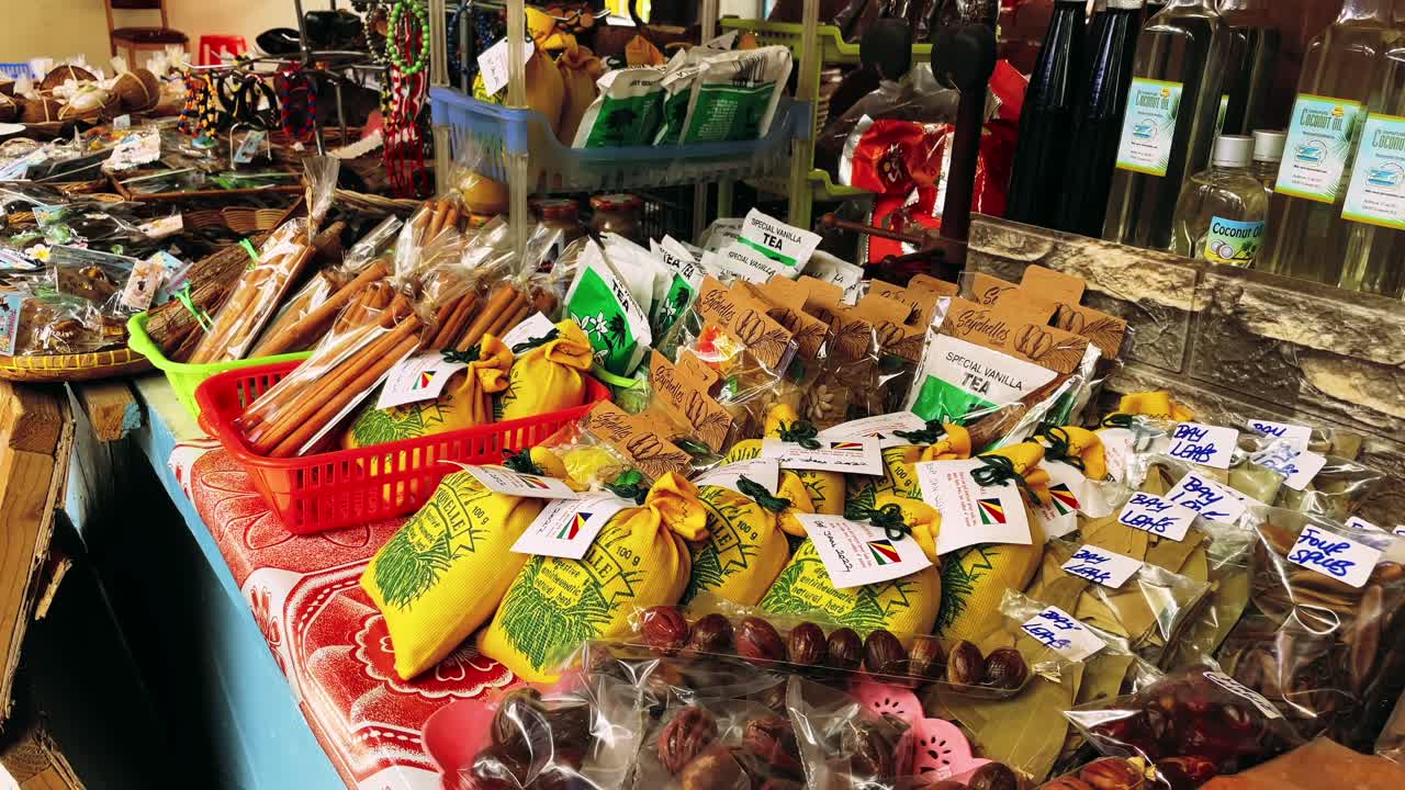  Selections of spices, souvenirs in town market of Victoria Mahe Seychelles, located inside the Sir Selwyn Clarks market, that was build by the British in1840, a sections of other products are selling