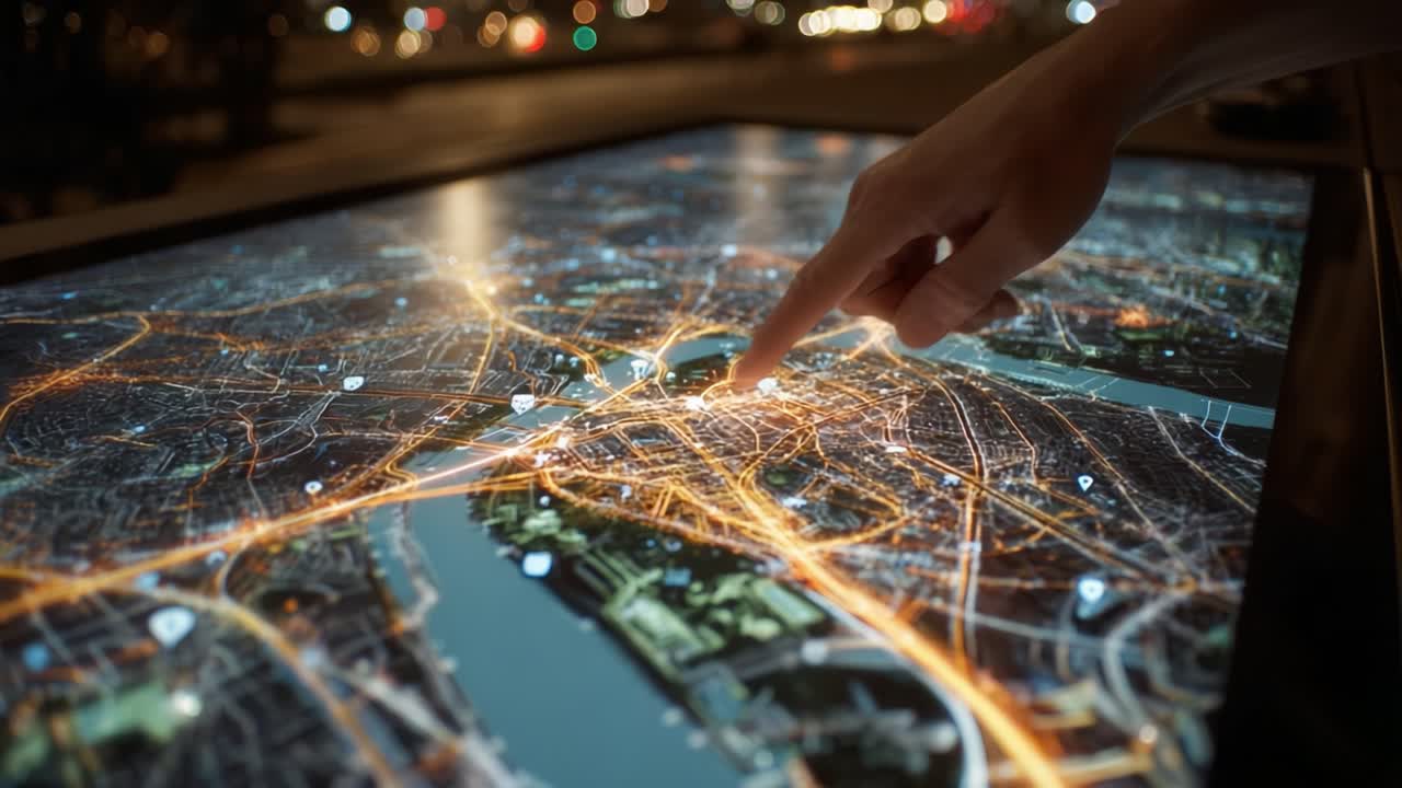 Exploring Urban Landscapes: A Hand Interacting with a Digital Map Showcasing City Lights and Geographic Details at Night