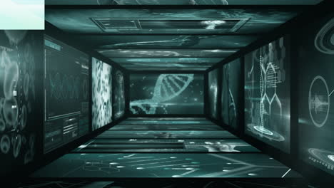 animation of scientific and biological data on tunnel made of screens over black background