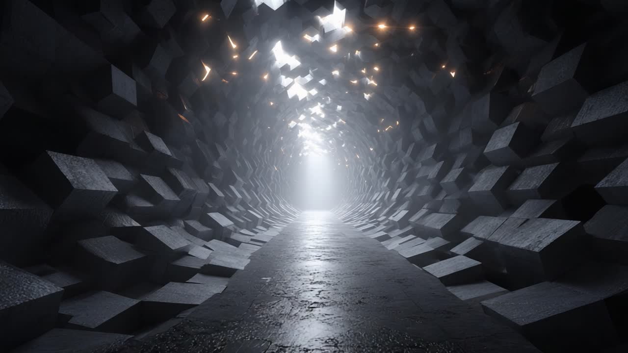A Mysterious Passage Through a Dimly Lit Tunnel with Exposed Geometric Shapes Illuminated by a Soft Light at the End, Evoking Intrigue and Exploration