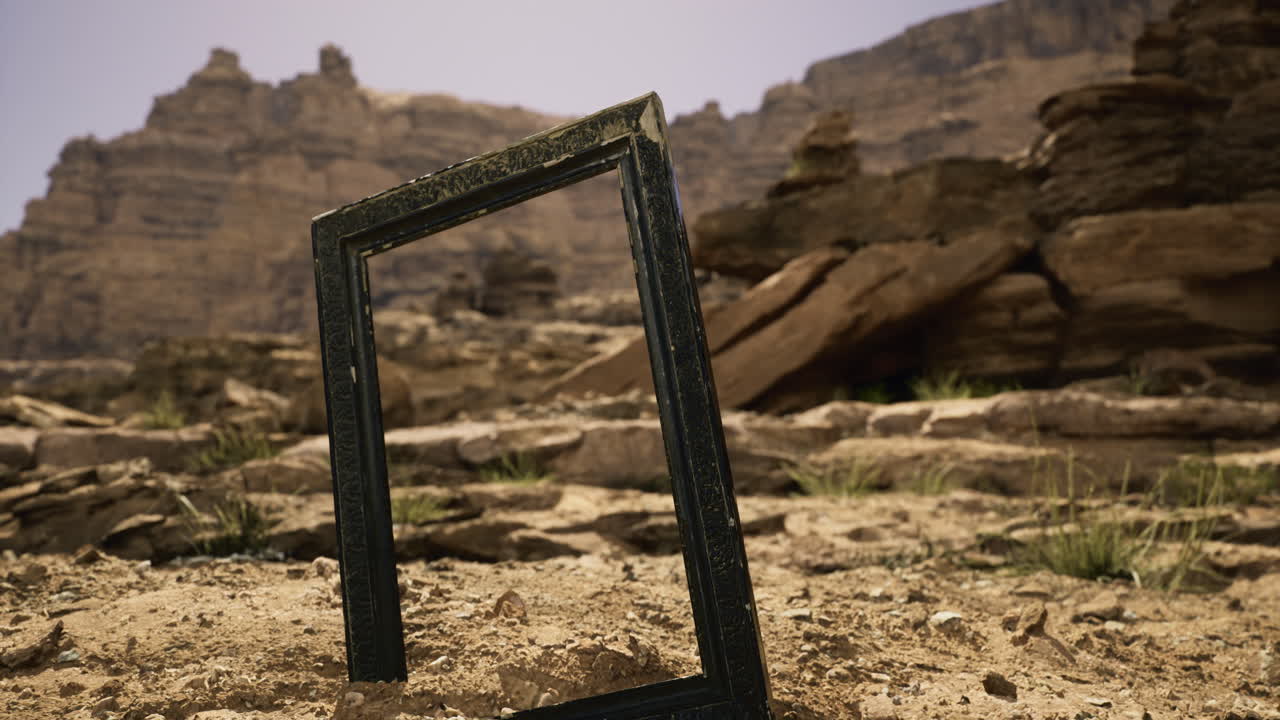 Mountain landscape featuring an empty frame placed on sandy terrain