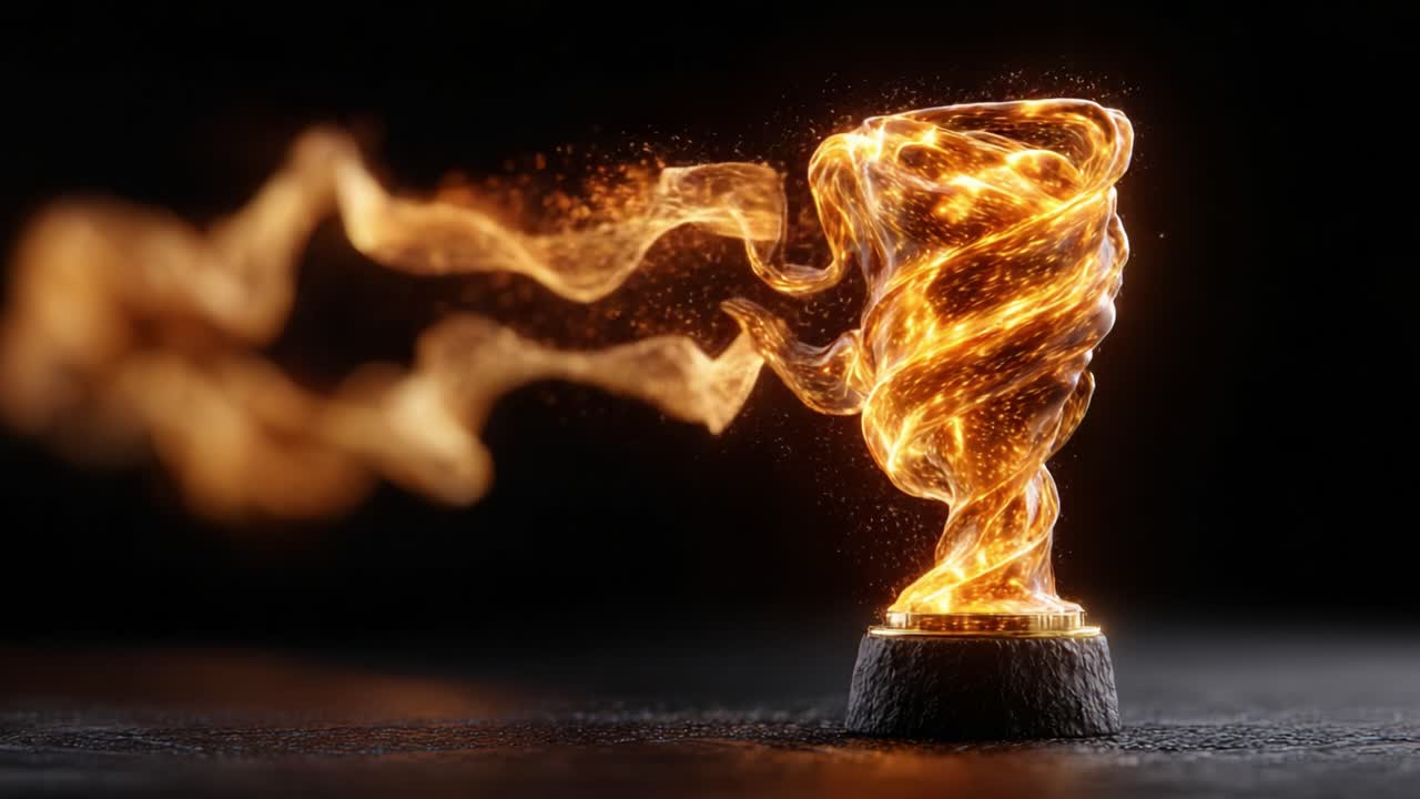 A Radiant Trophy Capturing the Essence of Victory Through Dynamic Swirls of Golden Light, Symbolizing Achievement and Celebration in a Magical Atmosphere