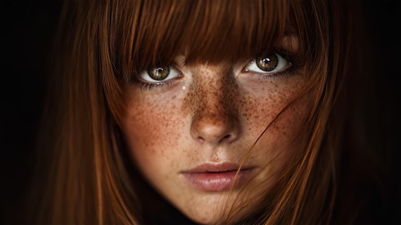Captivating Close-Up of a Freckled Young Woman with Striking Brown Eyes and Long Red Hair, Emphasizing Natural Beauty and Expressions in Subtle Lighting