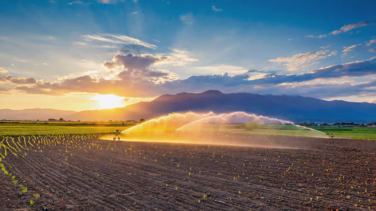 Irrigation system in a field at sunset