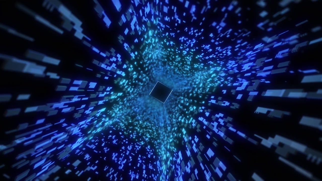 Digital square block tunnel visual with blue flying pixels central cube shape and deep motion