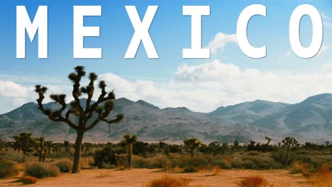 cena típica do deserto mexicano sobreposta com gráficos animados soletrando o méxico 1