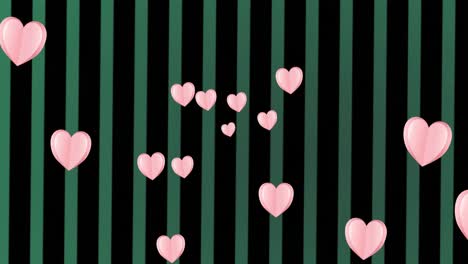 Animación-De-Corazones-Rosados-Moviéndose-Sobre-Rayas-Verdes-Sobre-Fondo-Negro