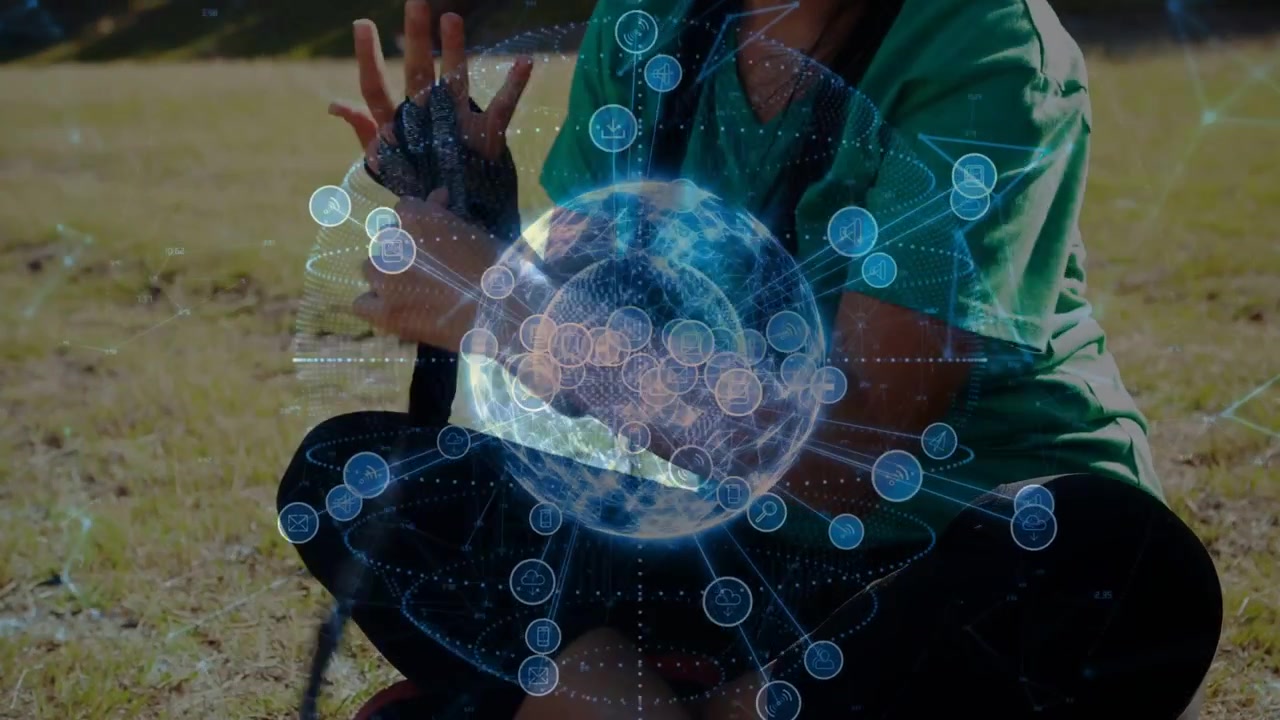 Adult woman gesturing, holographic globe appearing over lap on grass, manipulating nodes for tech