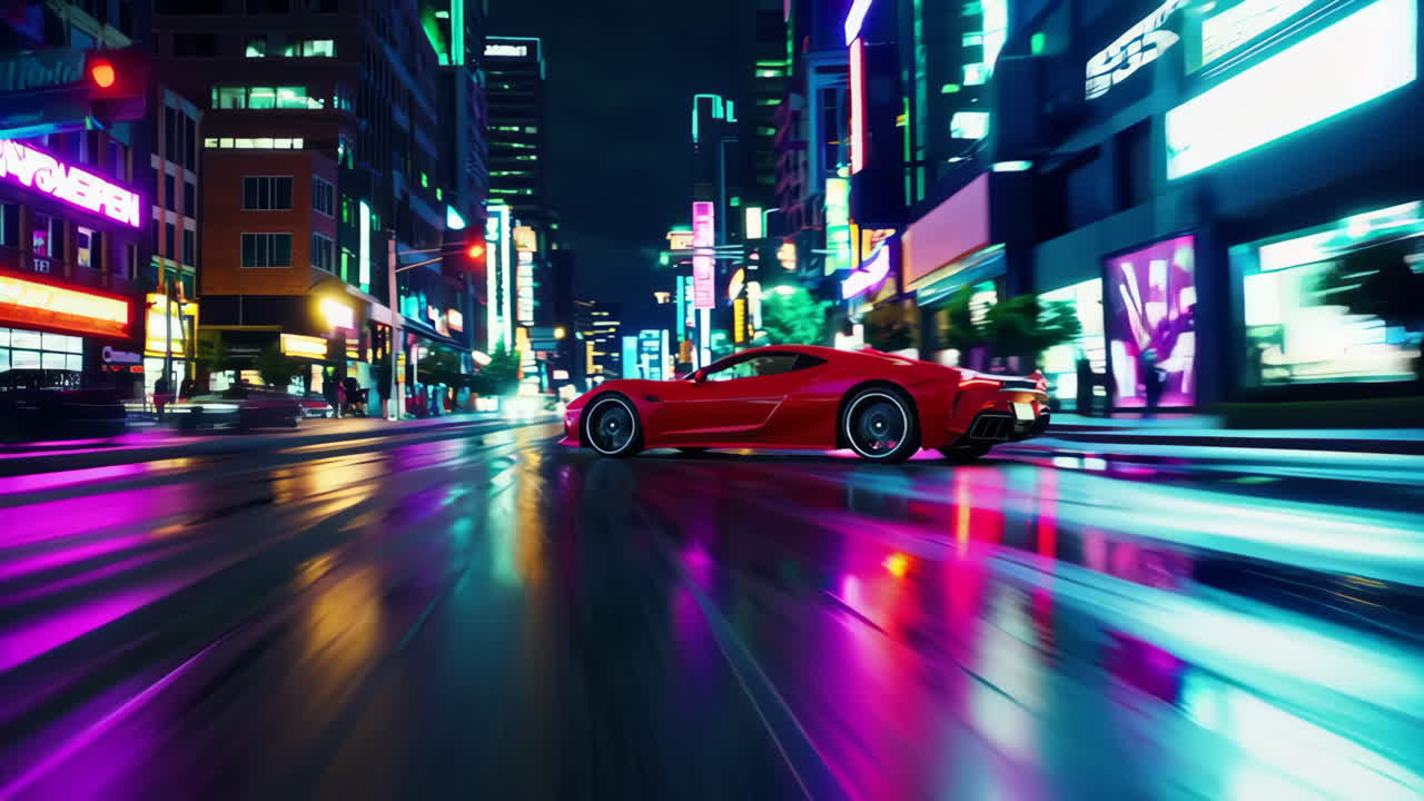 Fast Red Sports Car in Neon Lit City at Night
